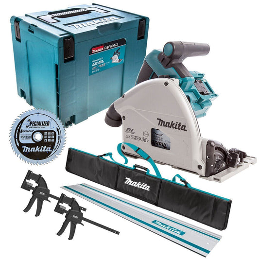 Makita DSP600ZJ 36V Brushless 165mm Plunge Saw Body Only with 1x1.5m Guide Rail+Clamp+Bag+Blade