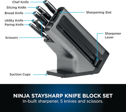Ninja Foodi StaySharp Knife Block with Integrated Sharpener; 5 Knives and Scissors (1 pair), Sharp 6-Piece Knife Set