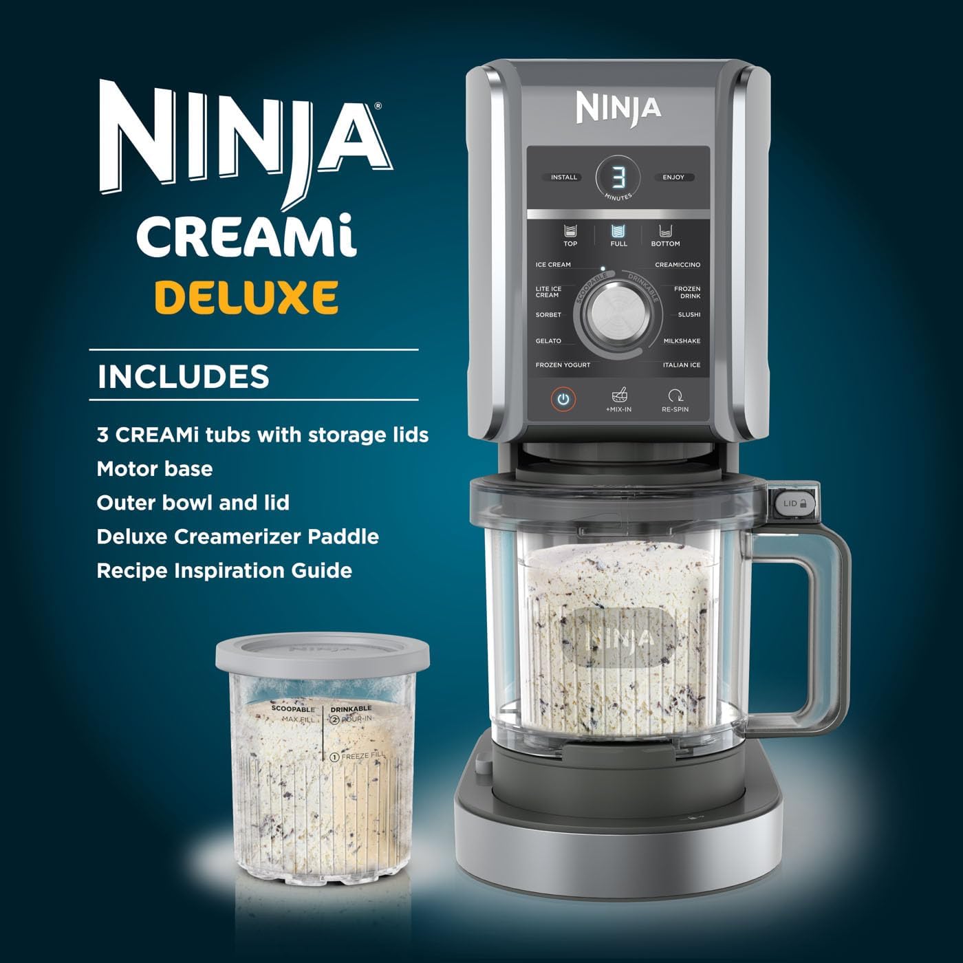 Ninja CREAMi Deluxe Ice Cream Maker & Frozen Dessert Maker with 3 Tubs, 10 Functions, Makes Ice Cream, Gelato, Sorbet, Frozen Yoghurt, Milkshakes, Slushi & More, 2-in-1 Flavour Option, Silver, NC501UK