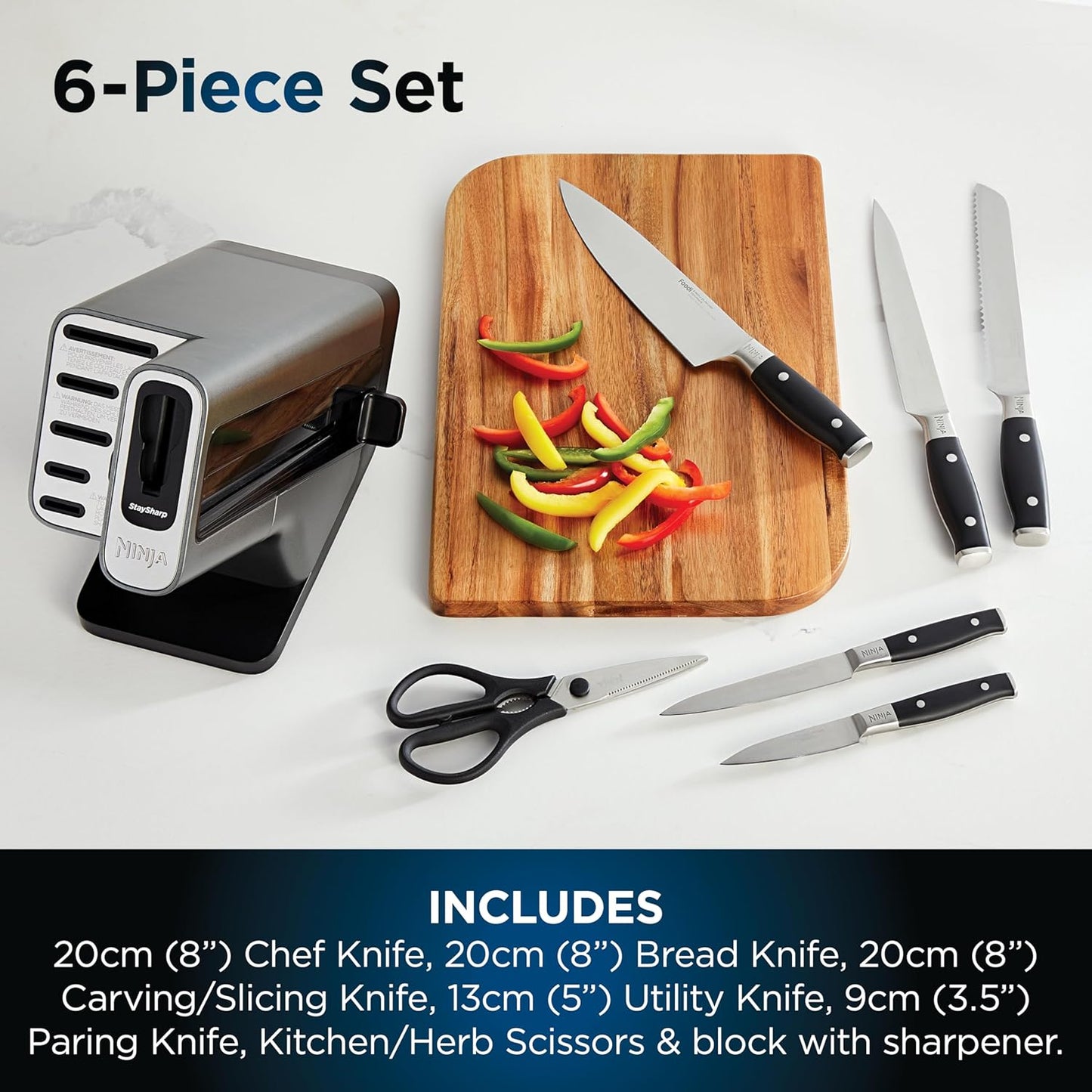 Ninja Foodi StaySharp Knife Block with Integrated Sharpener 5 Knives and Scissors (1 pair), Sharp 6-Piece Knife Set Chef, Bread, Slicing, Utility, Paring Knives & Scissors, Stainless Steel, K32006UK