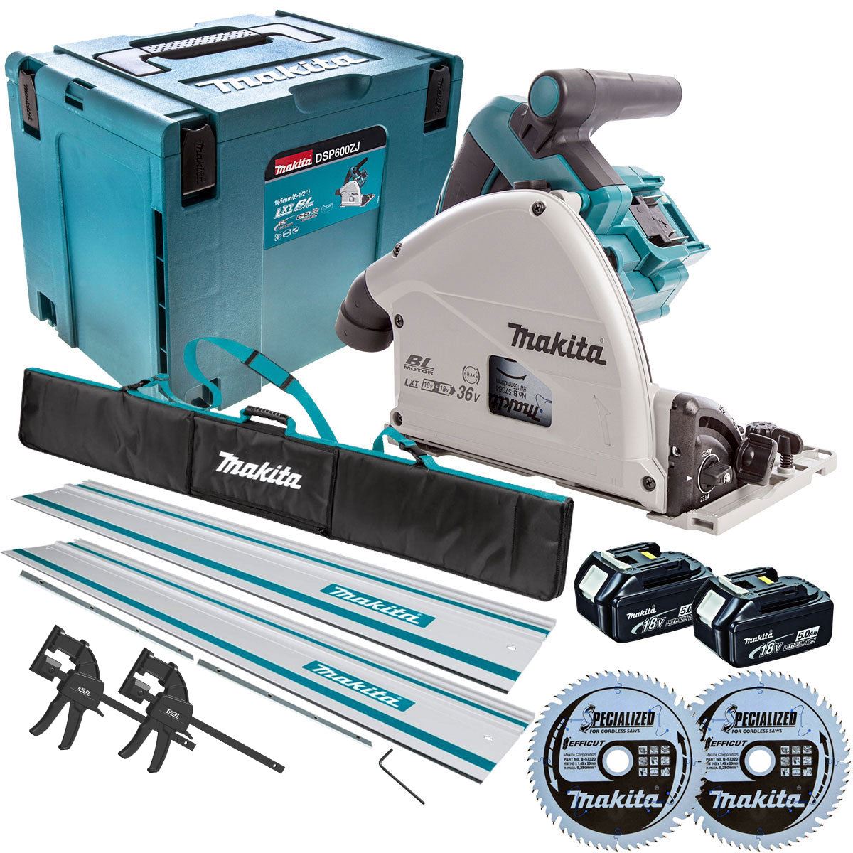 Makita DSP600TJ 36V 165mm Brushless Plunge Saw 2 x 5.0Ah & Accessories Set