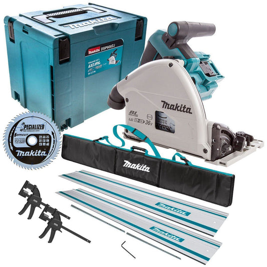 Makita DSP600ZJ 36V Brushless 165mm Plunge Saw Body Only with 2x1.5m Guide Rail+Clamp+Bag+Blade