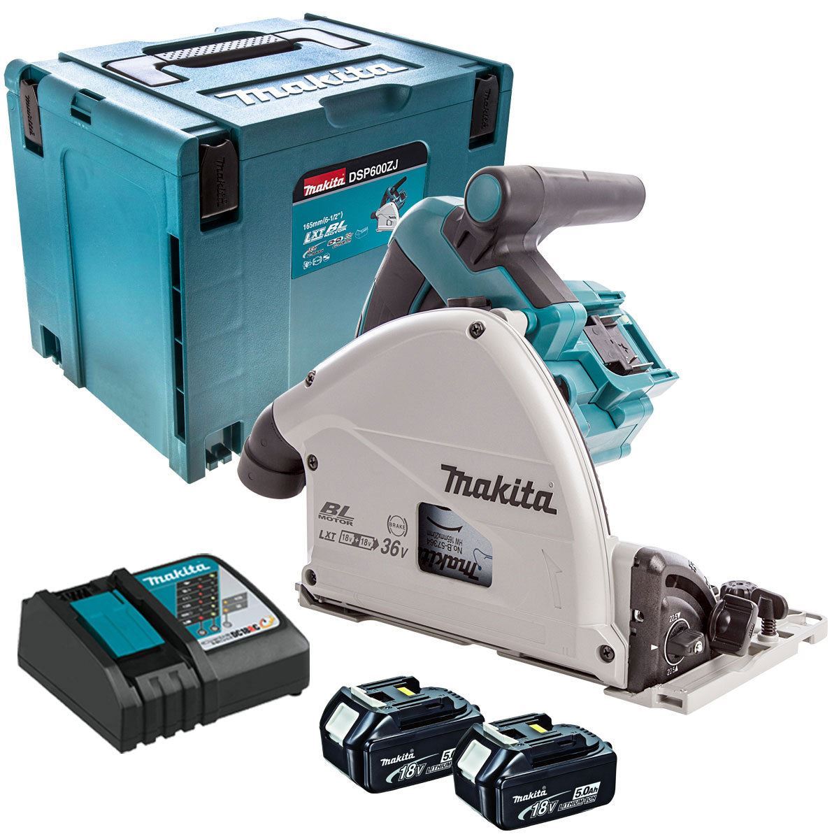 Makita DSP600ZJ 36V Brushless 165mm Plunge Saw with 2 x 5.0Ah Battery Charger & Makpac Case