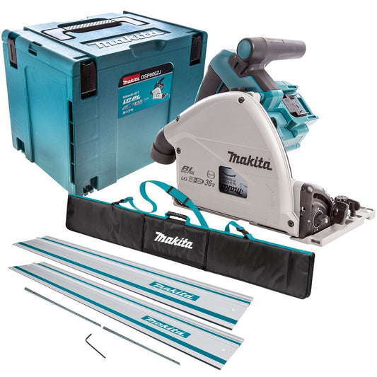Makita DSP600ZJ 36V Brushless 165mm Plunge Saw Body Only with 2 x 1.5m Guide Rail & Case + Rail Bag