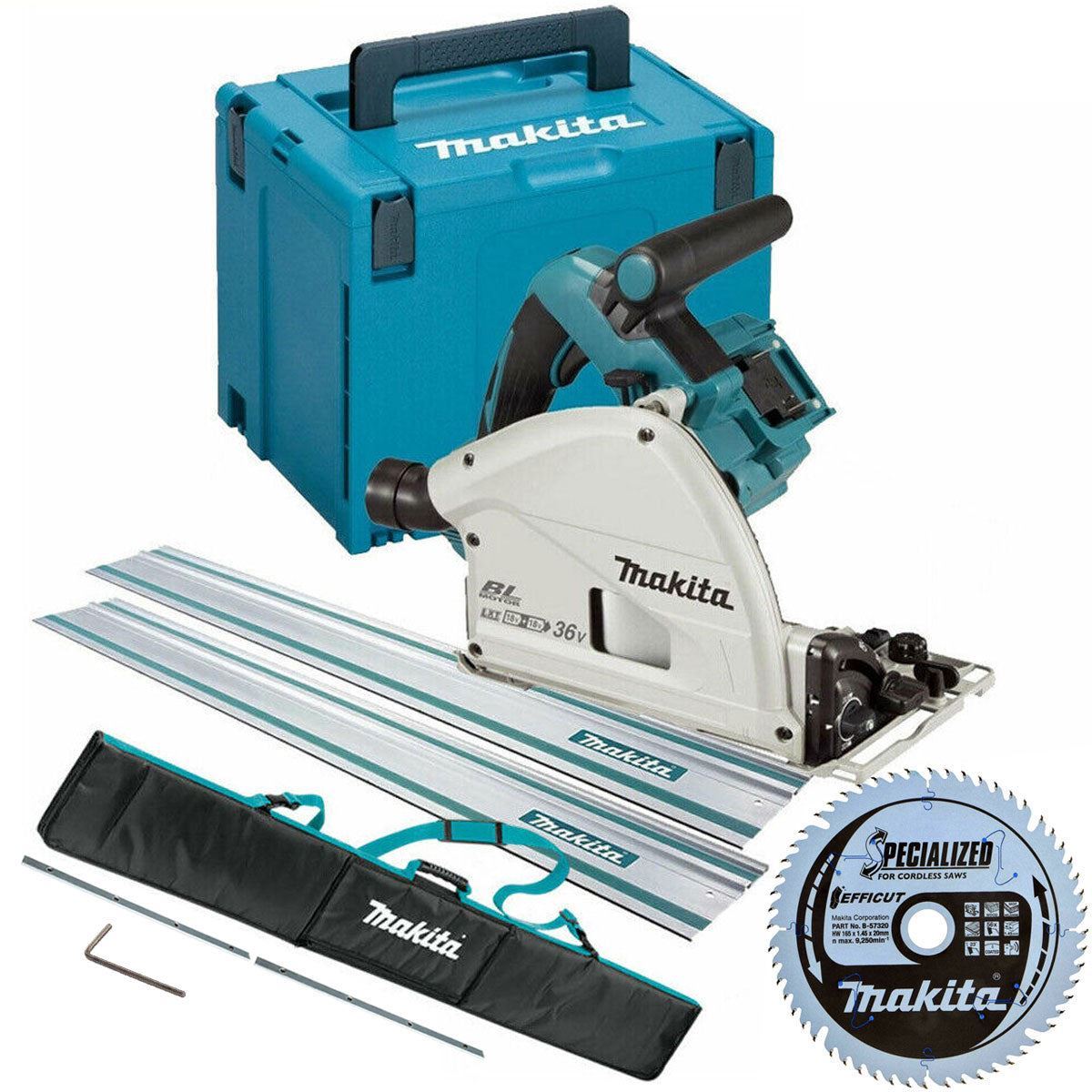 Makita DSP600ZJ 36V Brushless 165mm Plunge Saw Body Only with 2 x 1.5m Guide Rail Case+Bag+Blade
